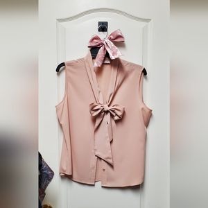 Calvin Klein Blush Pink Silk Button Down Blouse with Bow